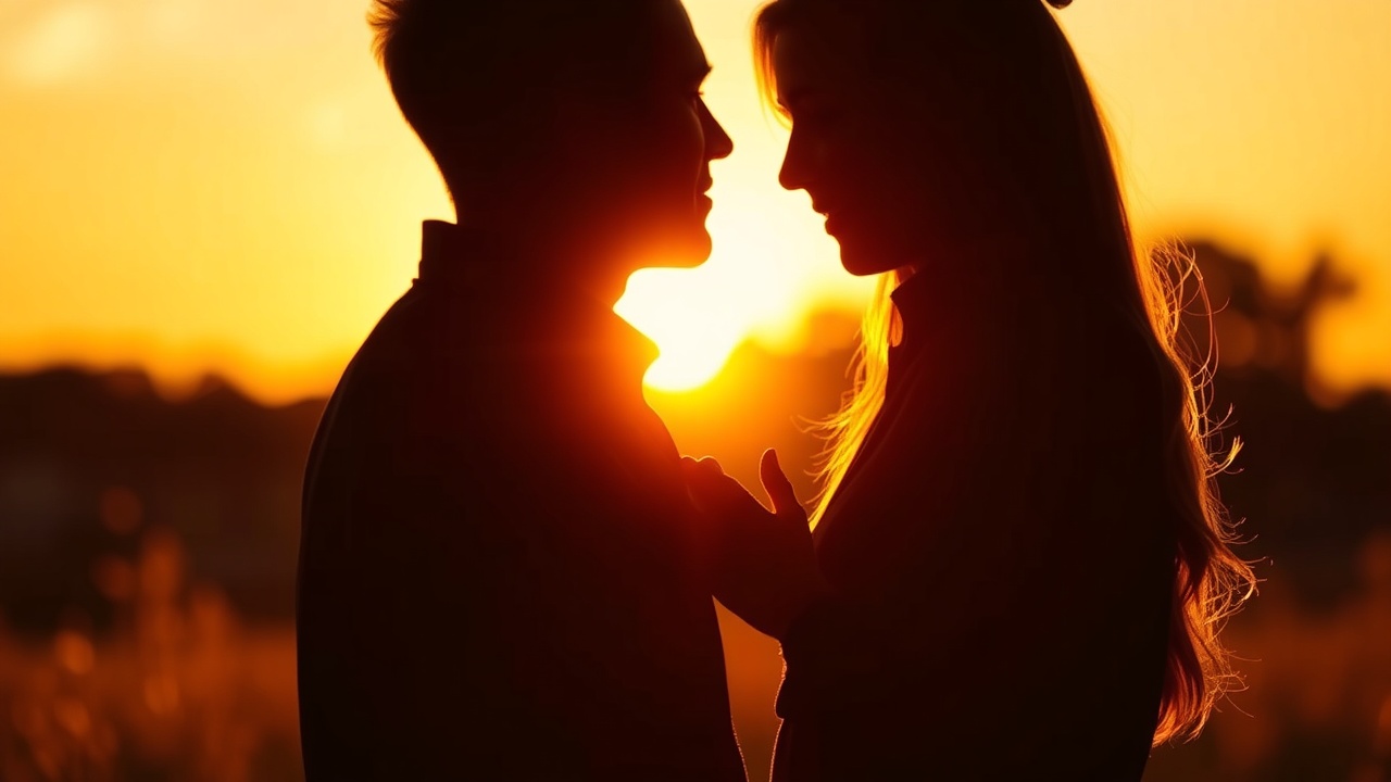 Два силуэта в близости на закате