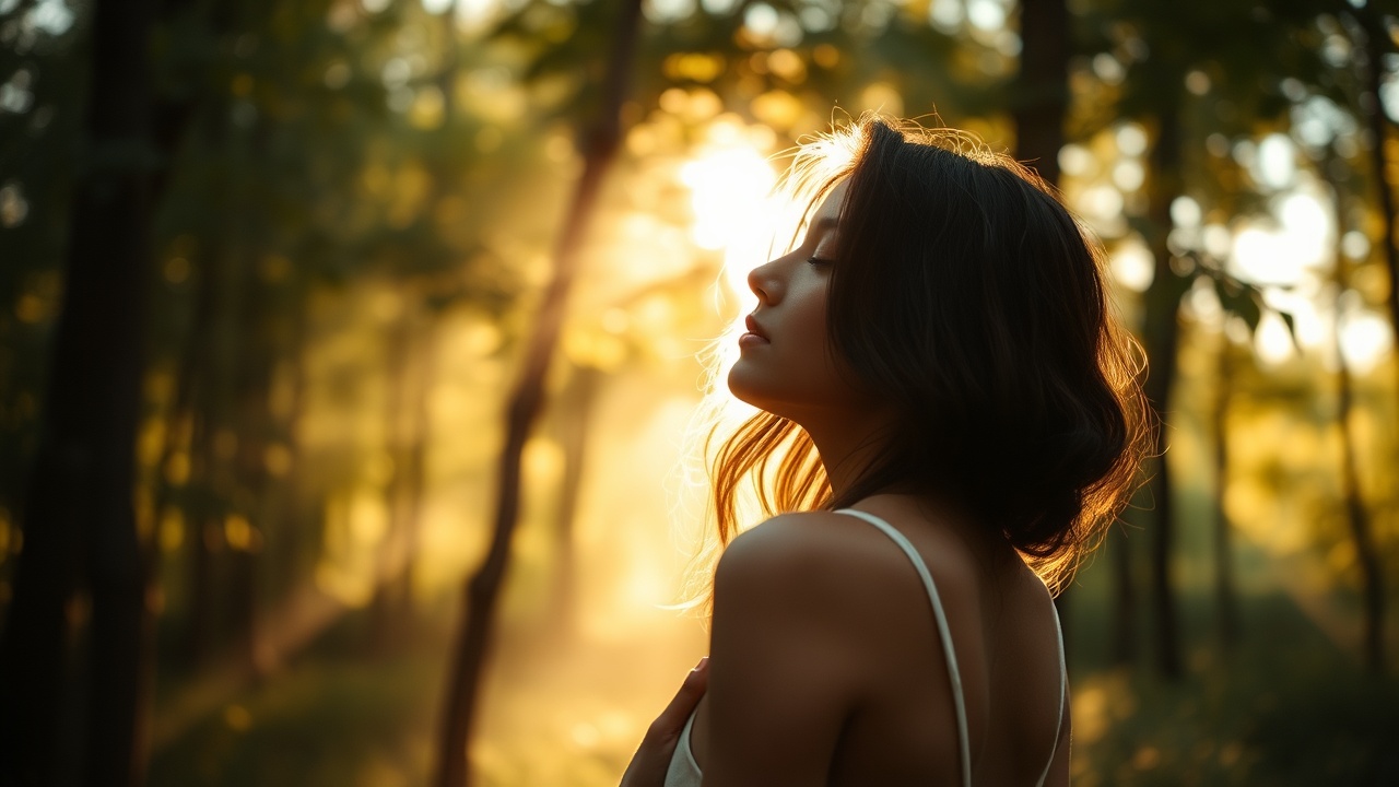 Женщина в исцеляющем лесном свете