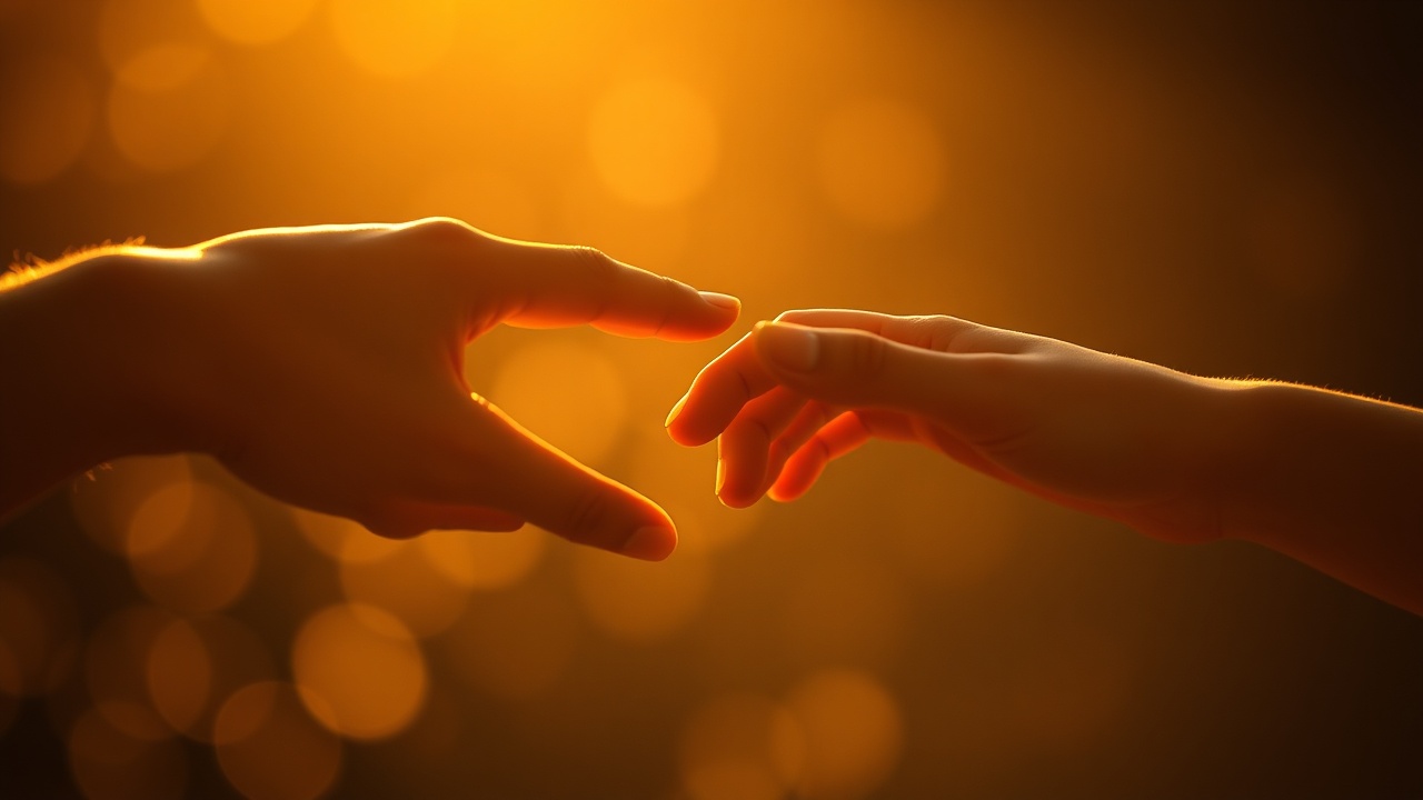 Два пальца почти соприкасаются в свете