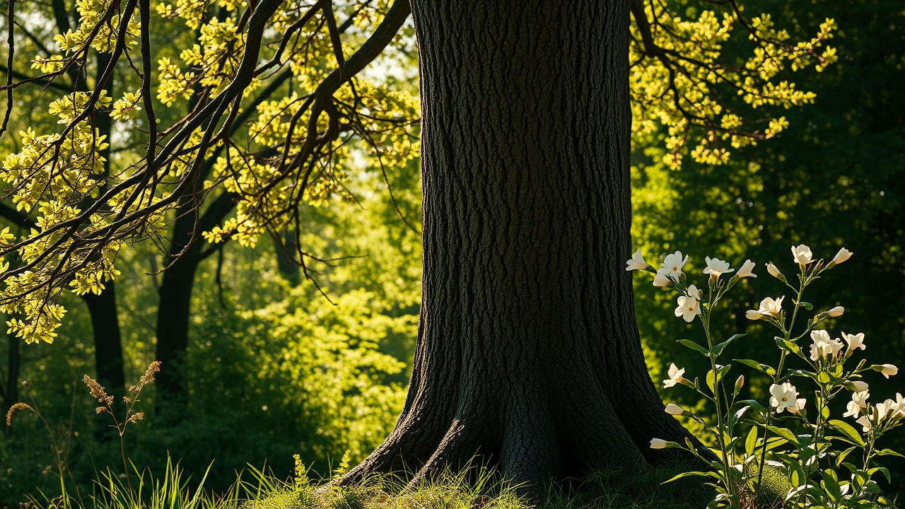 Мощный ствол дерева рядом с цветами