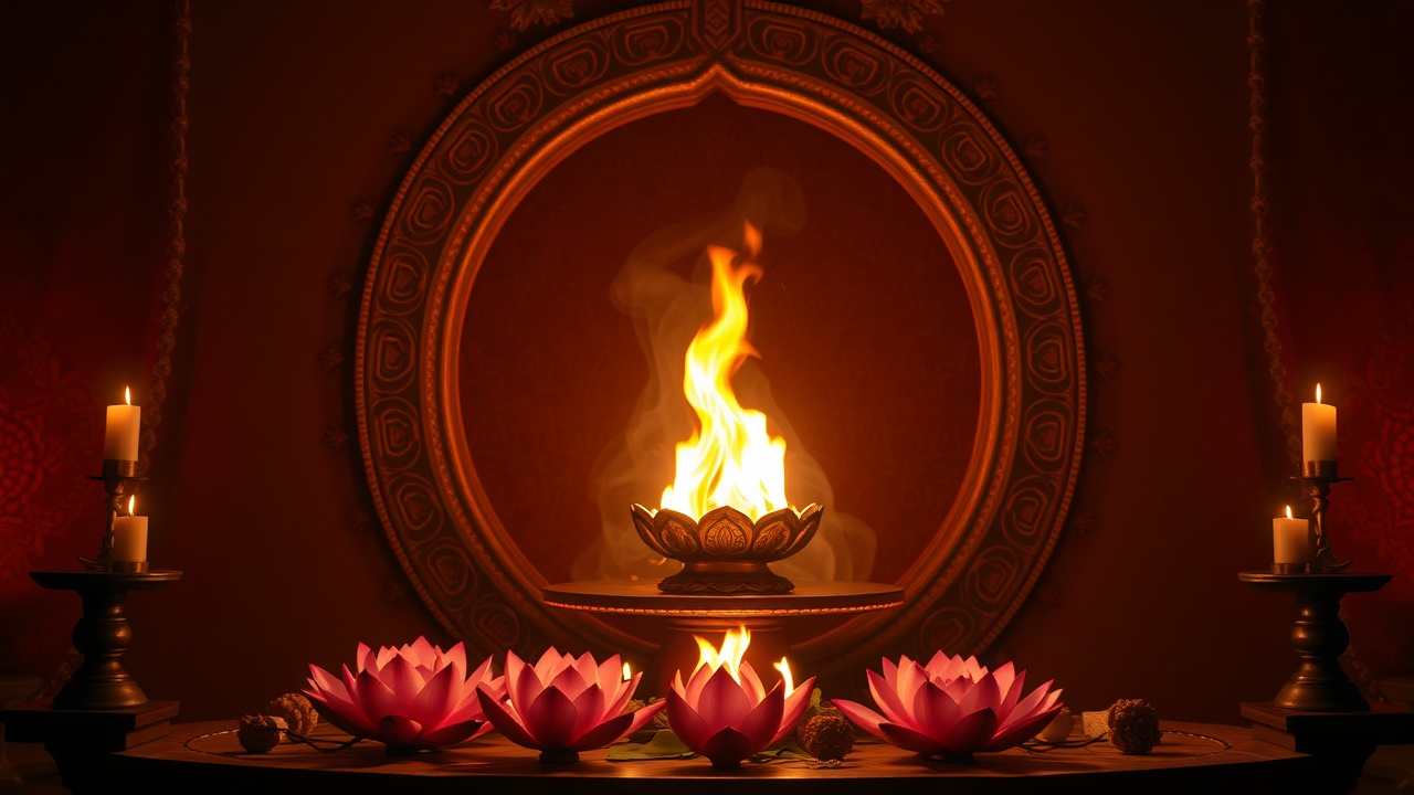 Священный огонь с лотосами на алтаре