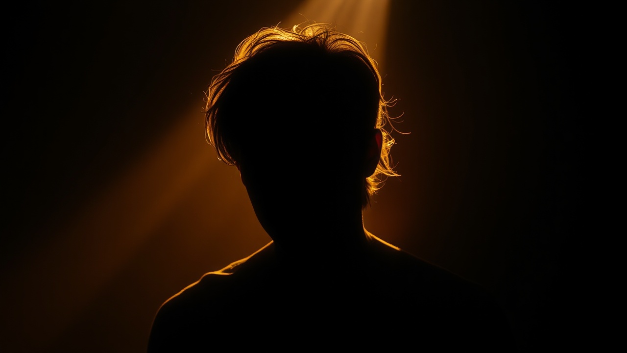 Фигура выходит из тени в тёплый свет