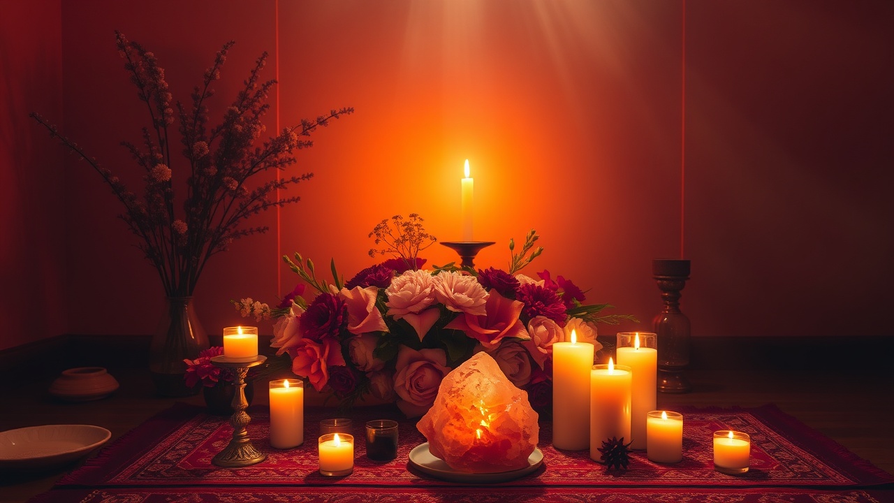 Сакральный алтарь с цветами и свечами