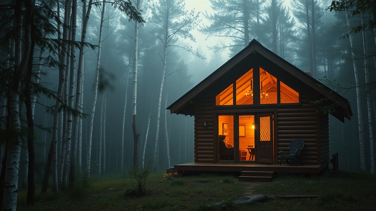 Деревянный домик в берёзовом лесу